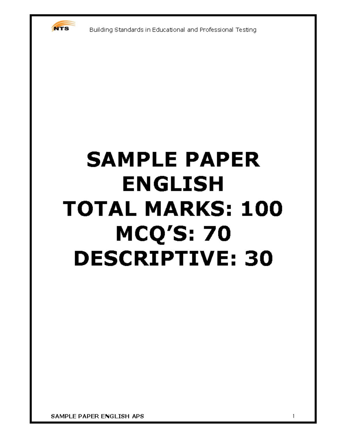 Sample Paper English - dhs - SAMPLE PAPER ENGLISH TOTAL MARKS: 100 MCQ ...