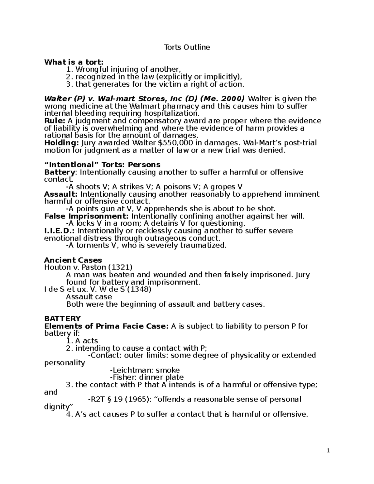 Torts Outline Duff Law 6130 Studocu