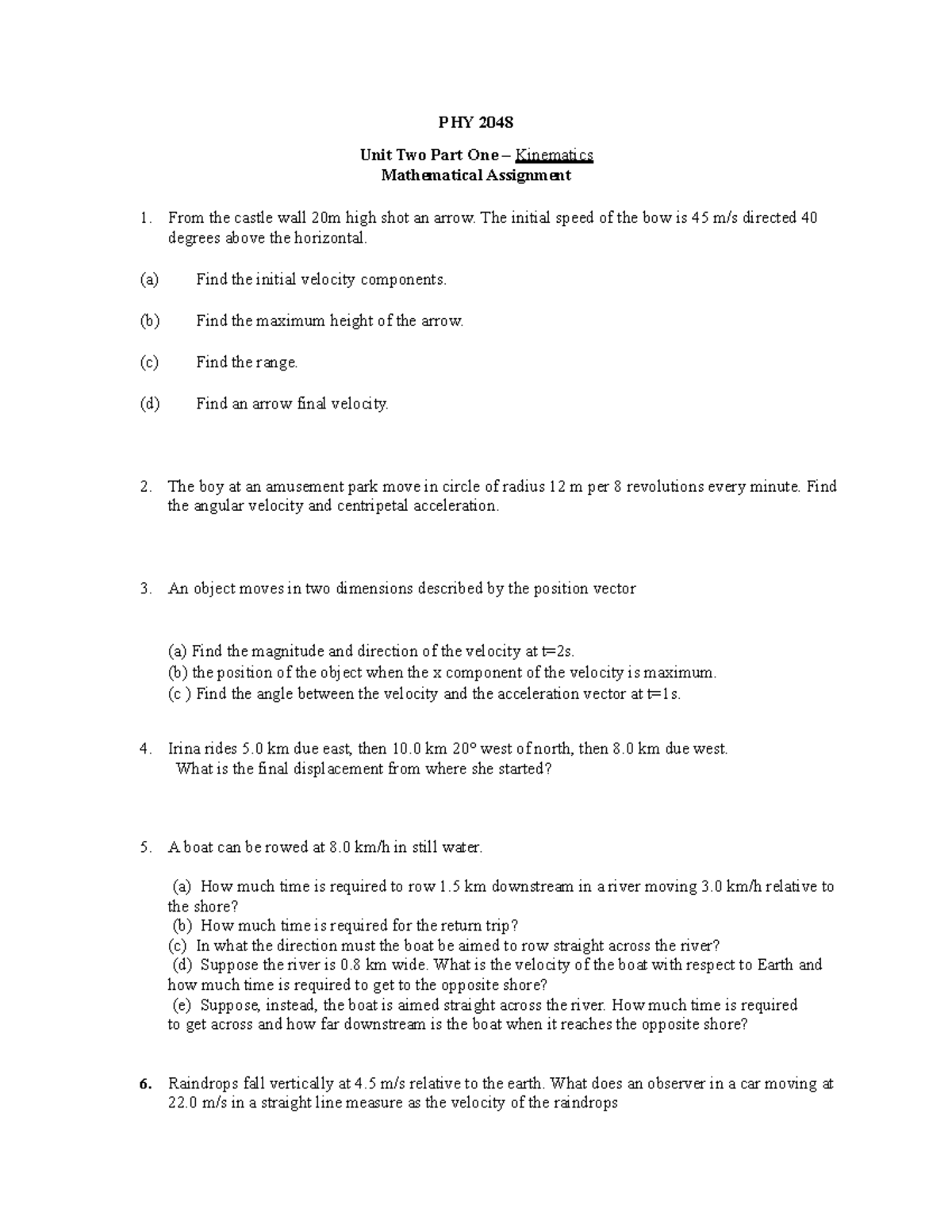 Unit 2 Part 1 Assignment - PHY 2048 Unit Two Part One – Kinematics ...