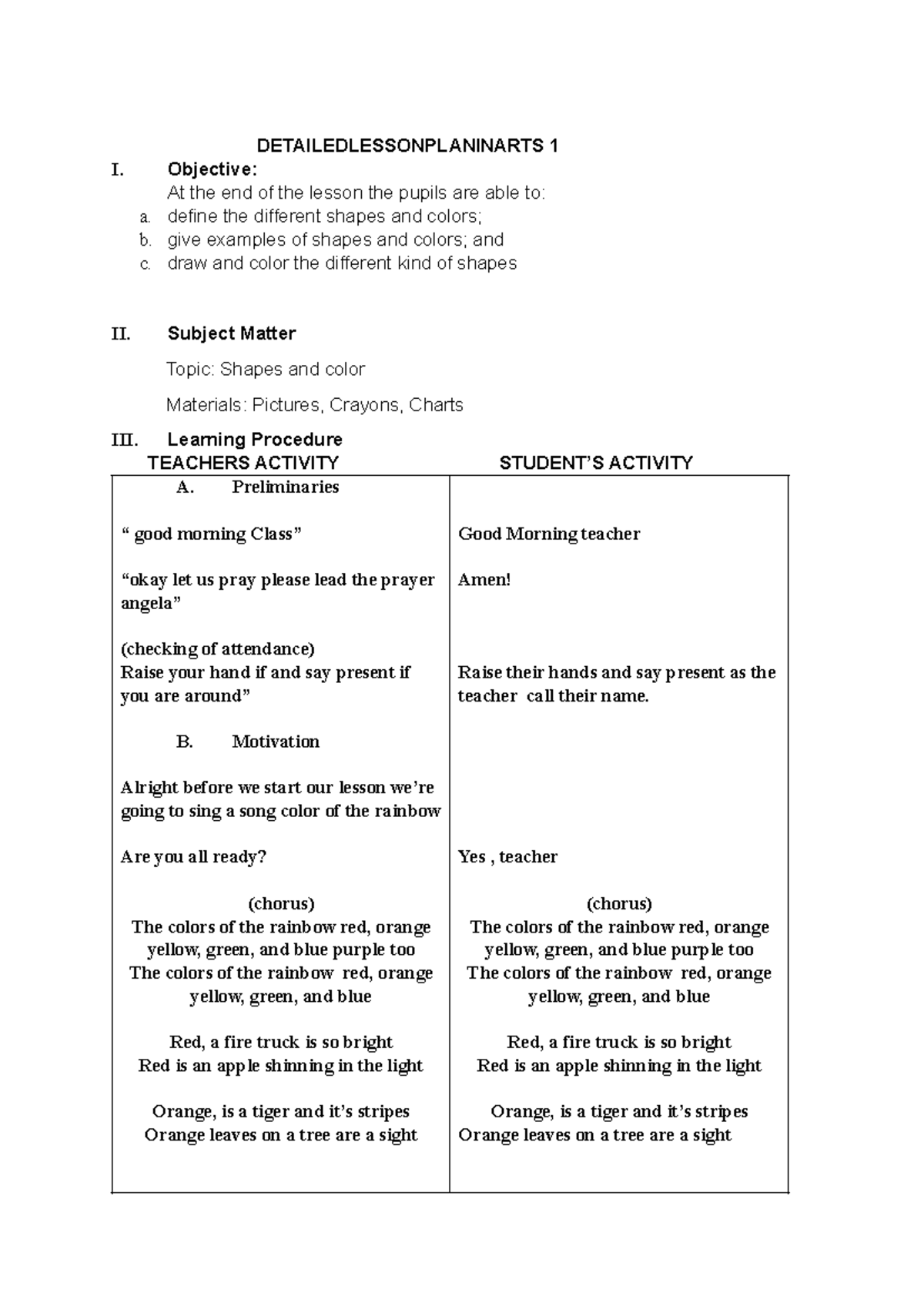 lesson plan dlp - DETAILEDLESSONPLANINARTS 1 I. Objective: At the end ...