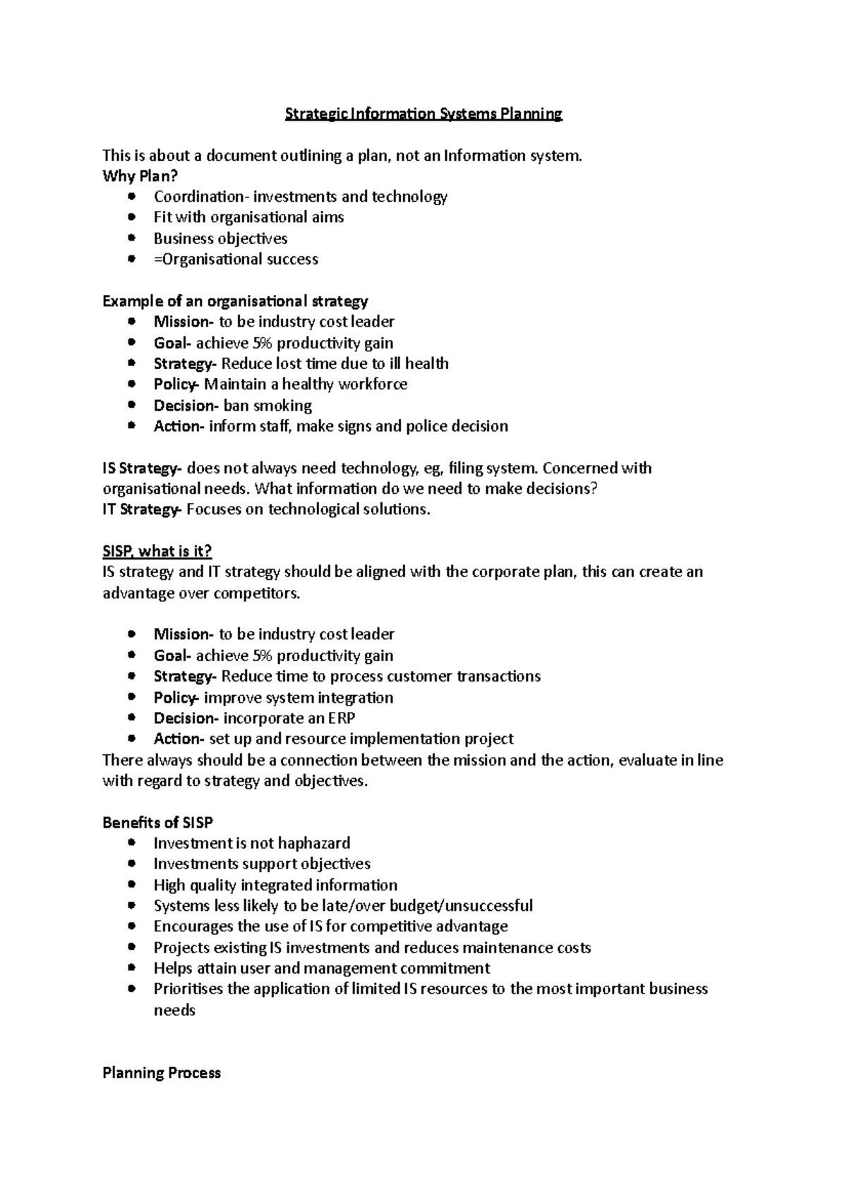 Strategic Information Systems Planning - Why Plan? Coordination ...