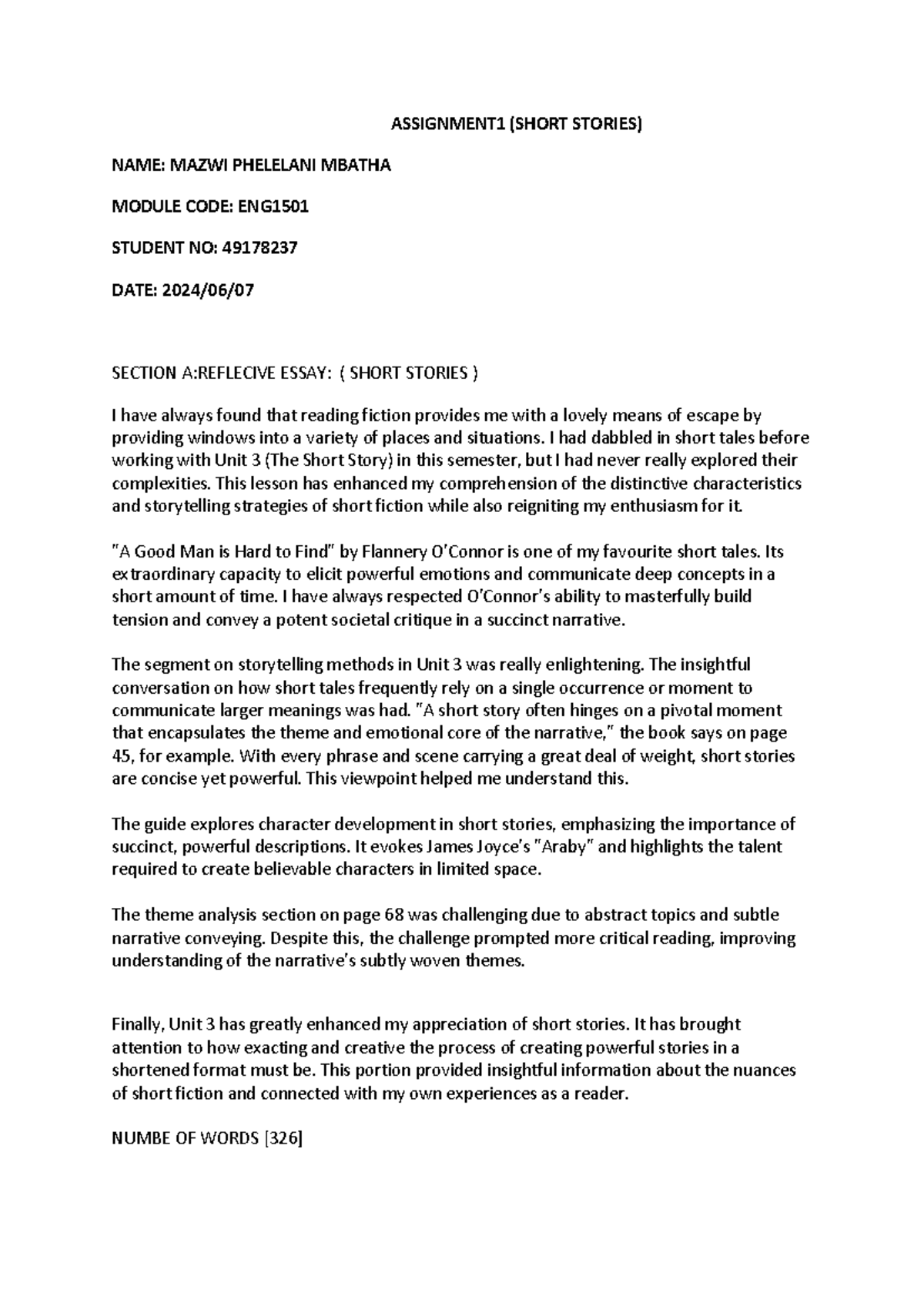 Assignment 2 Short Stories - ASSIGNMENT1 (SHORT STORIES) NAME: MAZWI ...