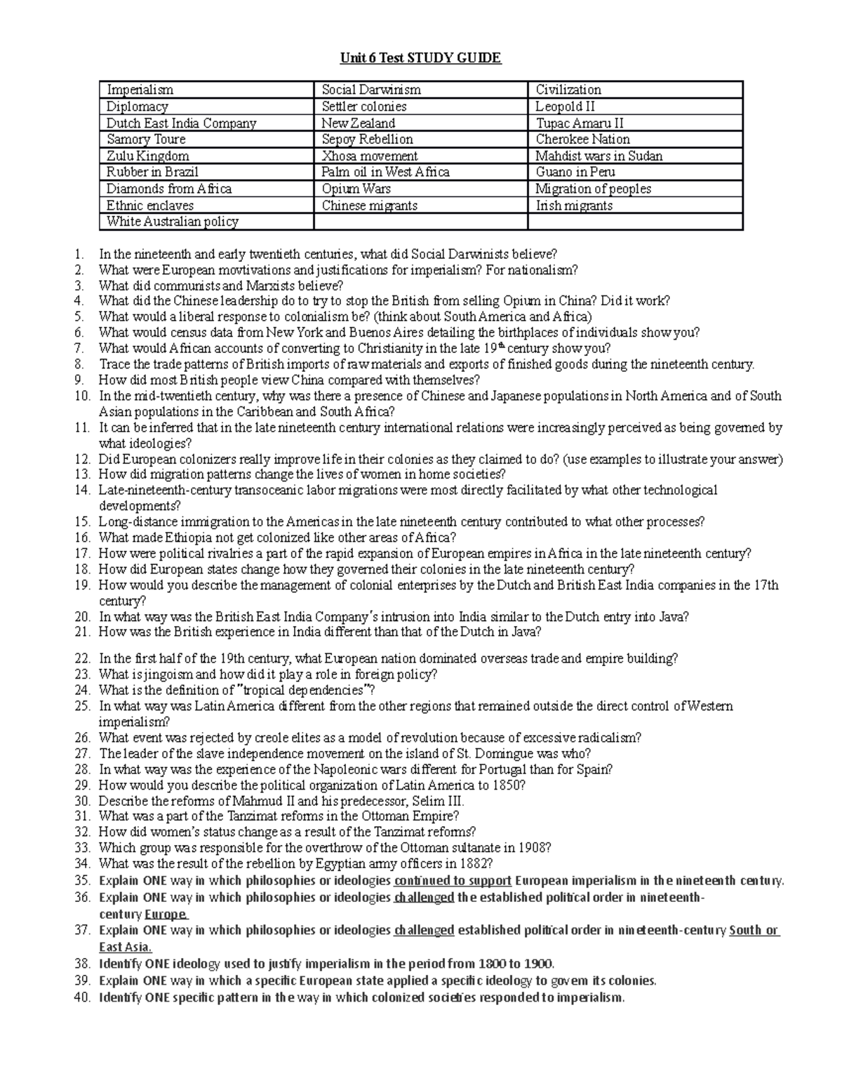 Unit 6 test study guide and key essay part - Unit 6 Test STUDY GUIDE ...