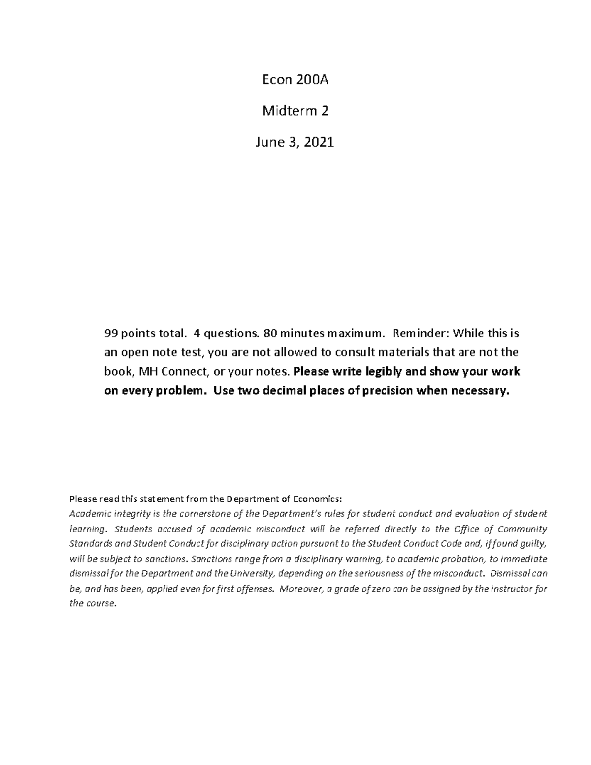 Econ 200a Spring 2021 Midterm 2 Econ 200a Midterm 2 June 3 2021 99
