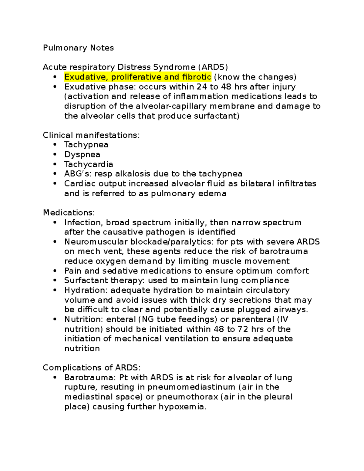 Pulmonary Notes - study - Pulmonary Notes Acute respiratory Distress ...