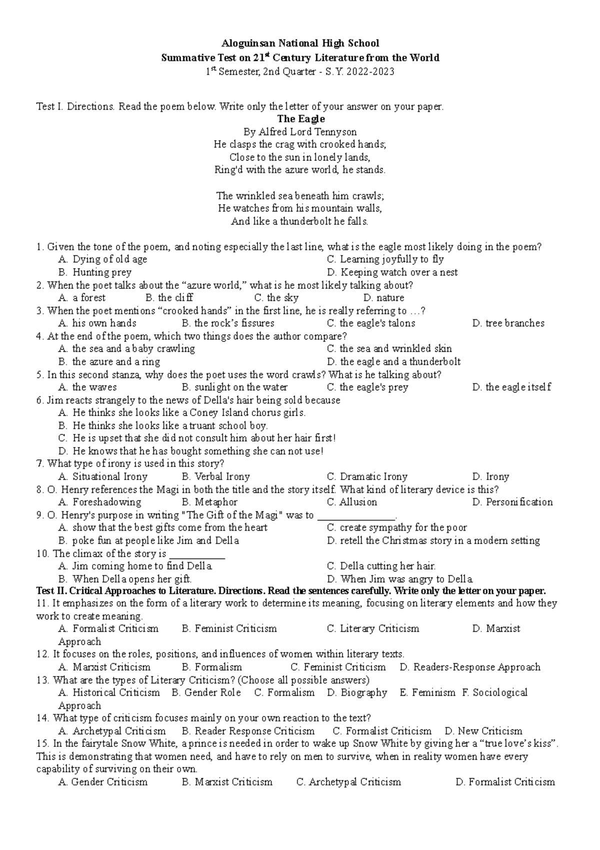 21st-century-lit-mastery Test 2nd Grading - Aloguinsan National High 