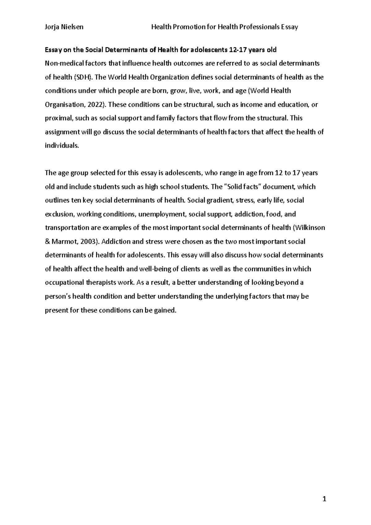 Essay 1 - HS2403 assignment - Essay on the Social Determinants of ...