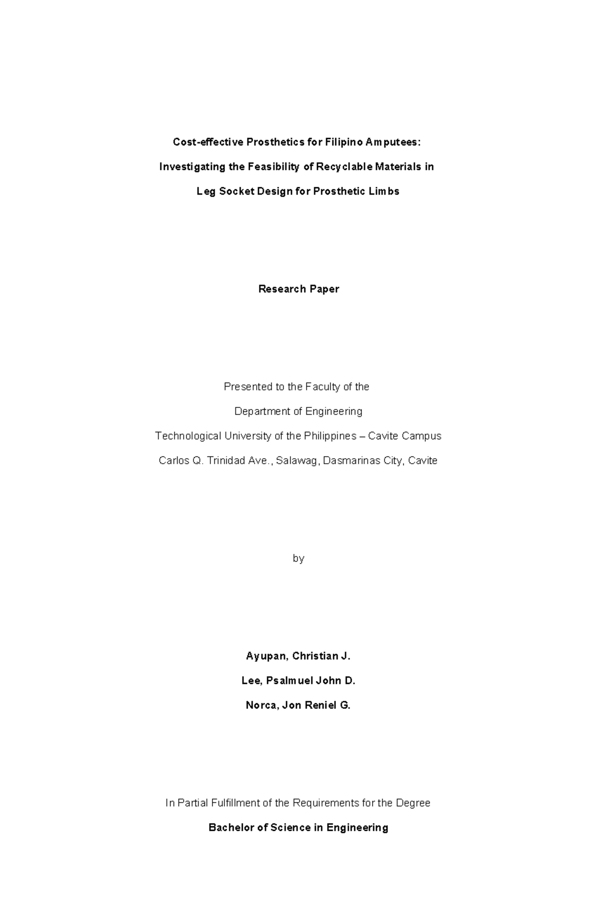 Feasibility OF Recycled LEG Socket Prosthetics - Research Paper - Cost ...
