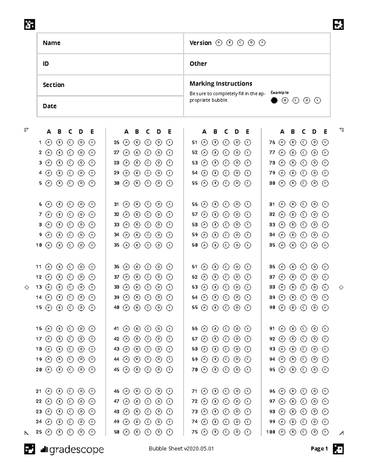 Bubble Sheet Template - Name ID Section Date Version A B C D E Other ...