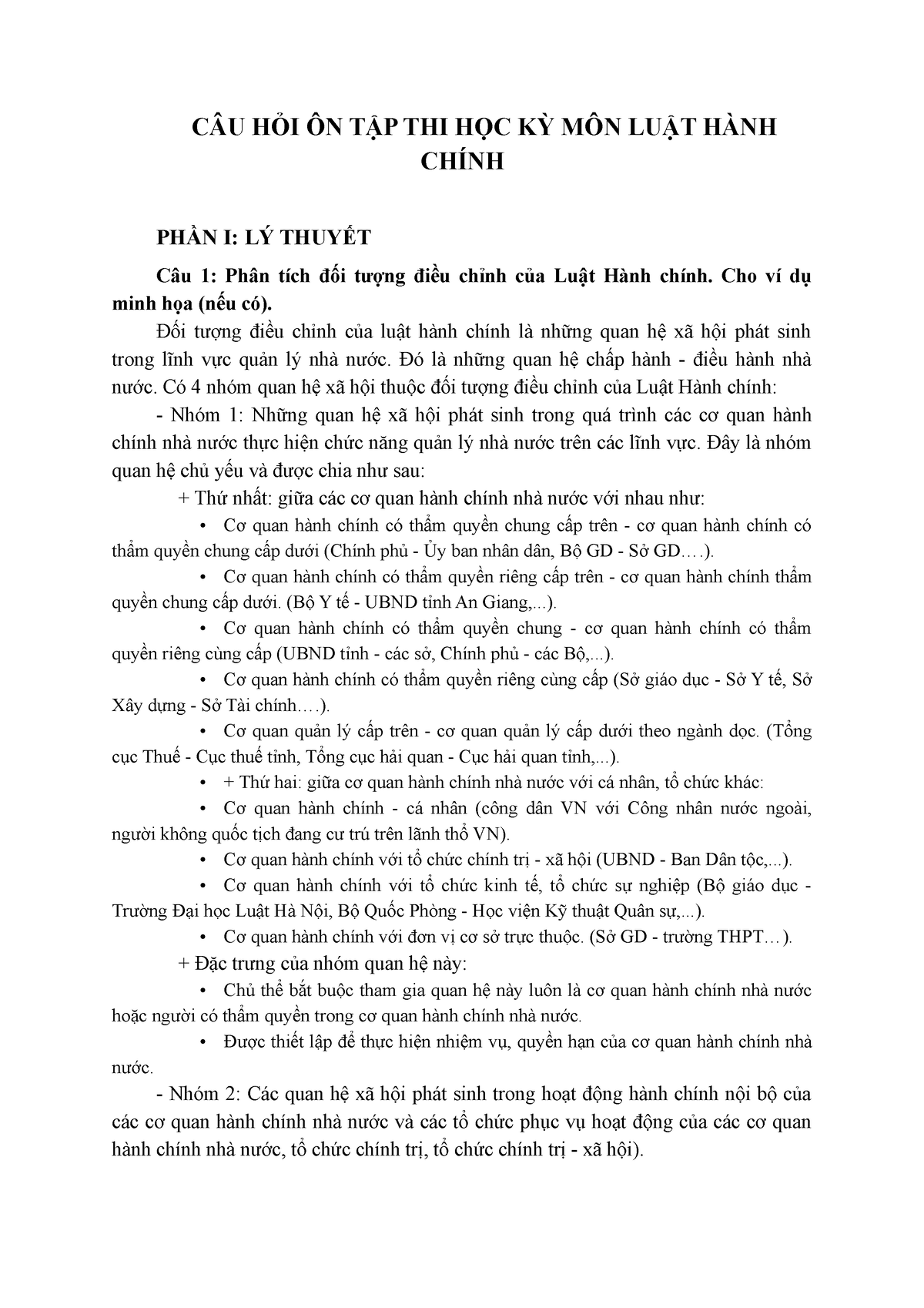CÂU HỎI ÔN TẬP THI HỌC KỲ MÔN LUẬT HÀNH Chính - CÂU HỎI ÔN TẬP THI HỌC KỲ MÔN LUẬT HÀNH CHÍNH PHẦN - Studocu