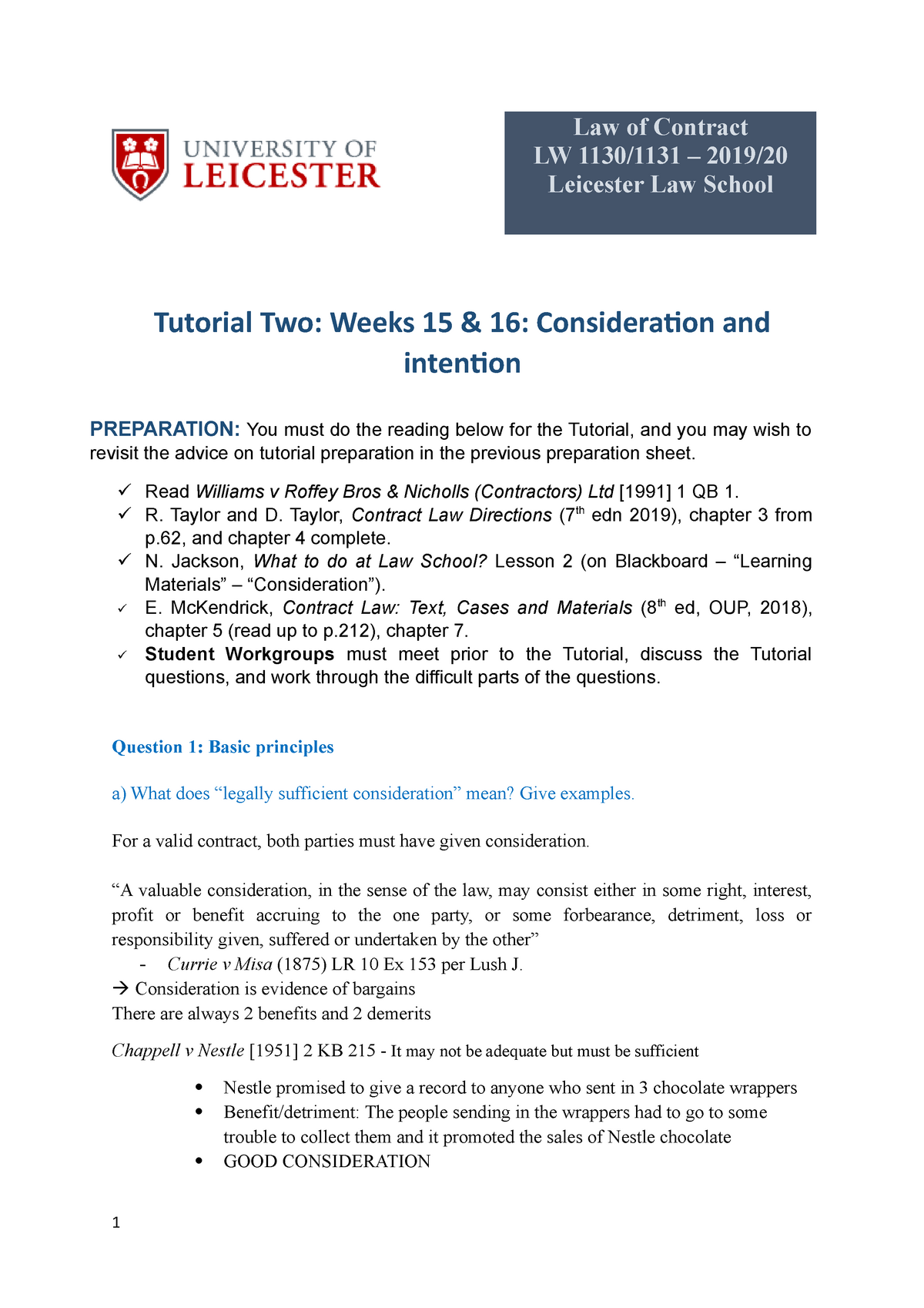 Contract Law Tutorial Two - Consideration - Law Of Contract LW 1130/ ...