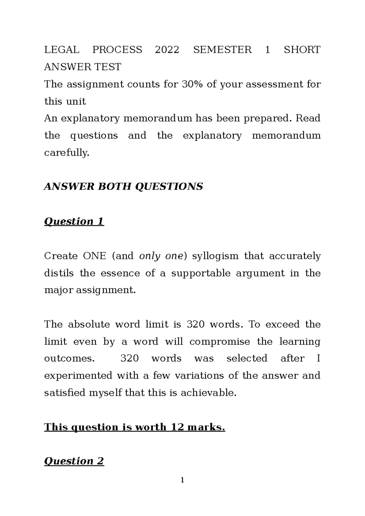 2022 sem 1 short answer test LEGAL PROCESS 2022 SEMESTER 1 SHORT
