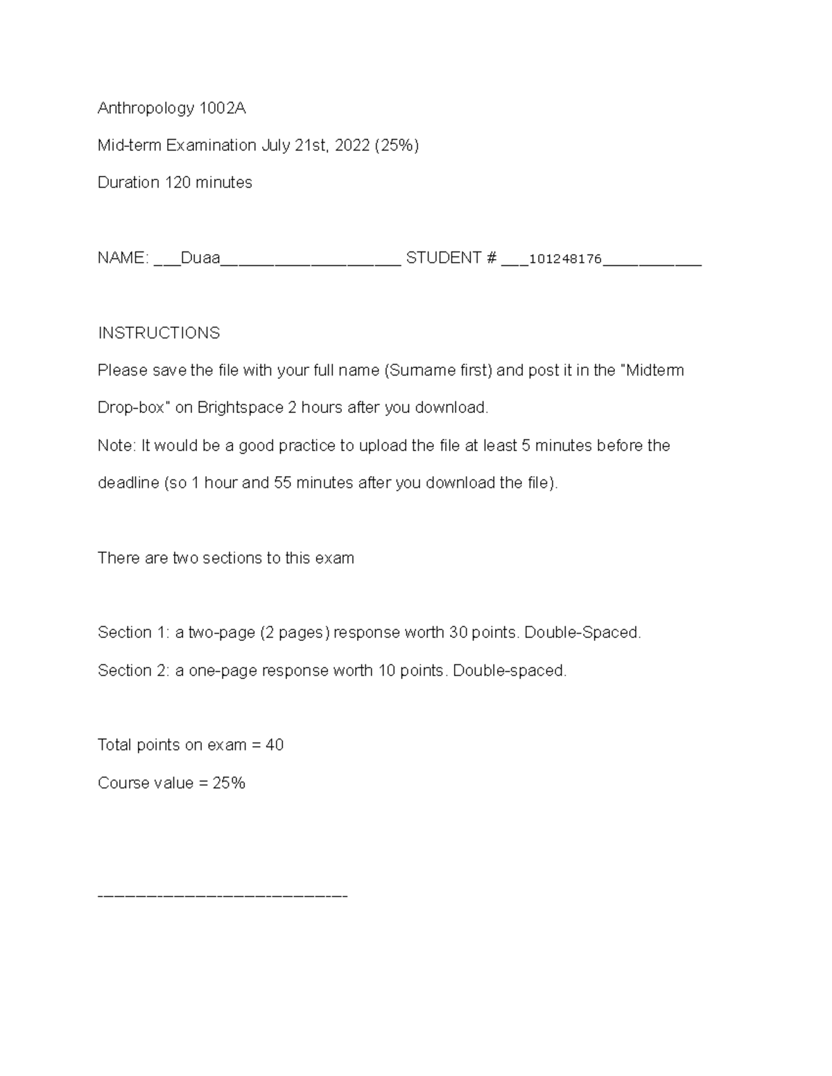 Duaa Midterm Jbh Anthropology 1002A Mid term Examination July 21st 