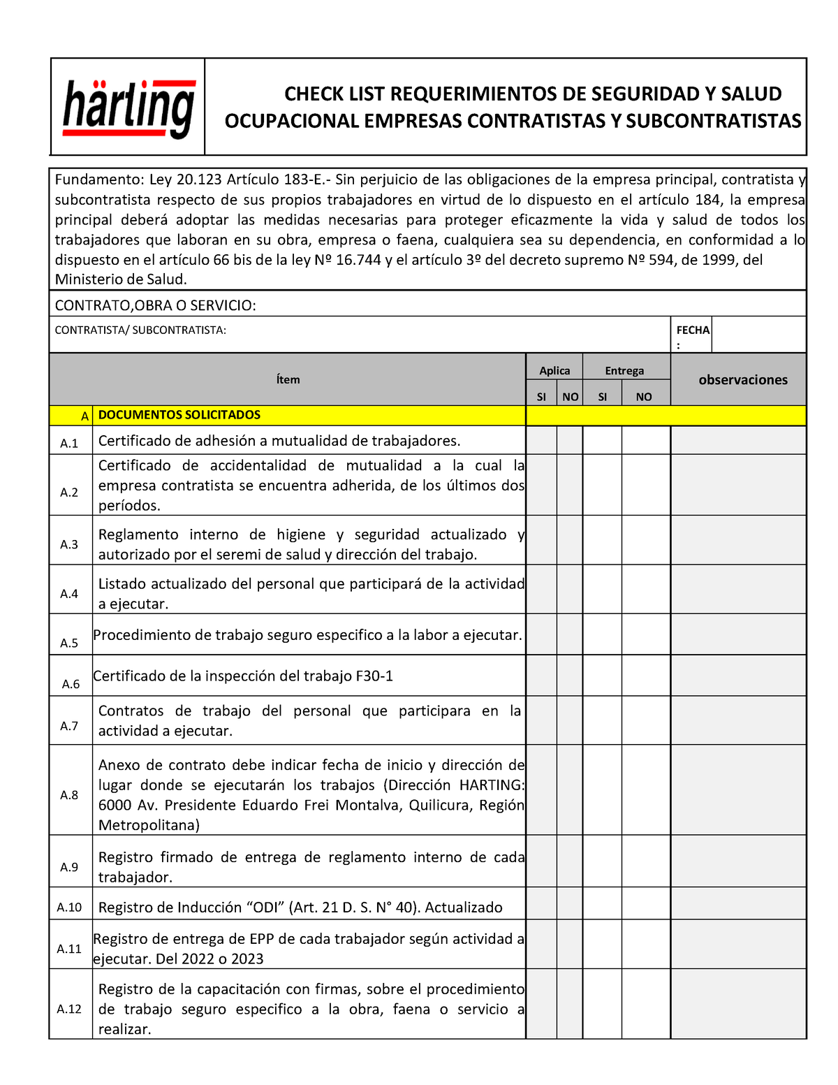 Check List Requisitos Ingreso Contratista Y Subcontratista 2023 - CHECK ...