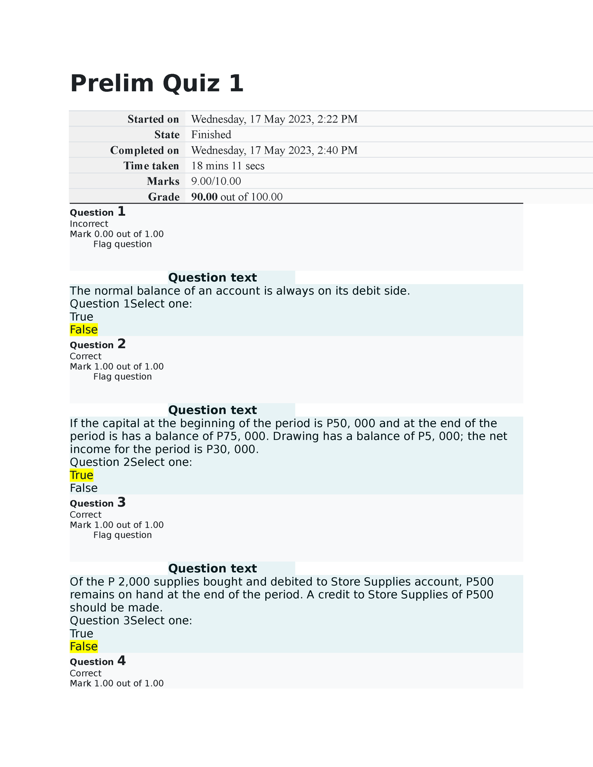 Prelim Quiz 1 - !!! - Prelim Quiz 1 Started On Wednesday, 17 May 2023 ...