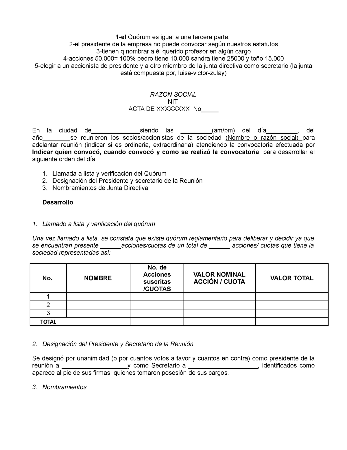 Modelo Acta De Nombramiento 1 El Quórum Es Igual A Una Tercera Parte