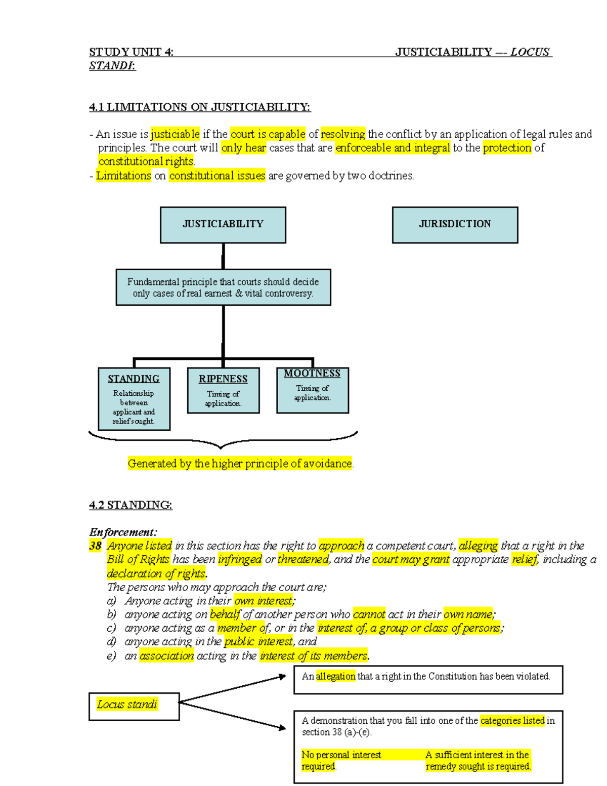 FUR2601 4 Locus Standi 1 - JUSTICIABILITY JURISDICTION Fundamental ...