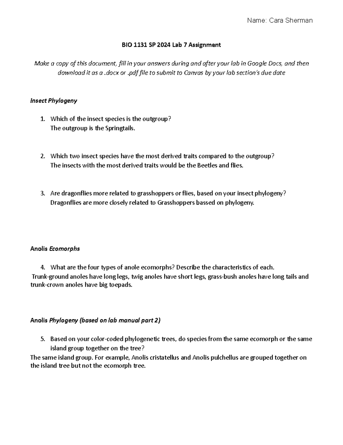 Copy of SP 24 BIO 1131 Lab Exercise 7 Phylogeny - Name: Cara Sherman ...