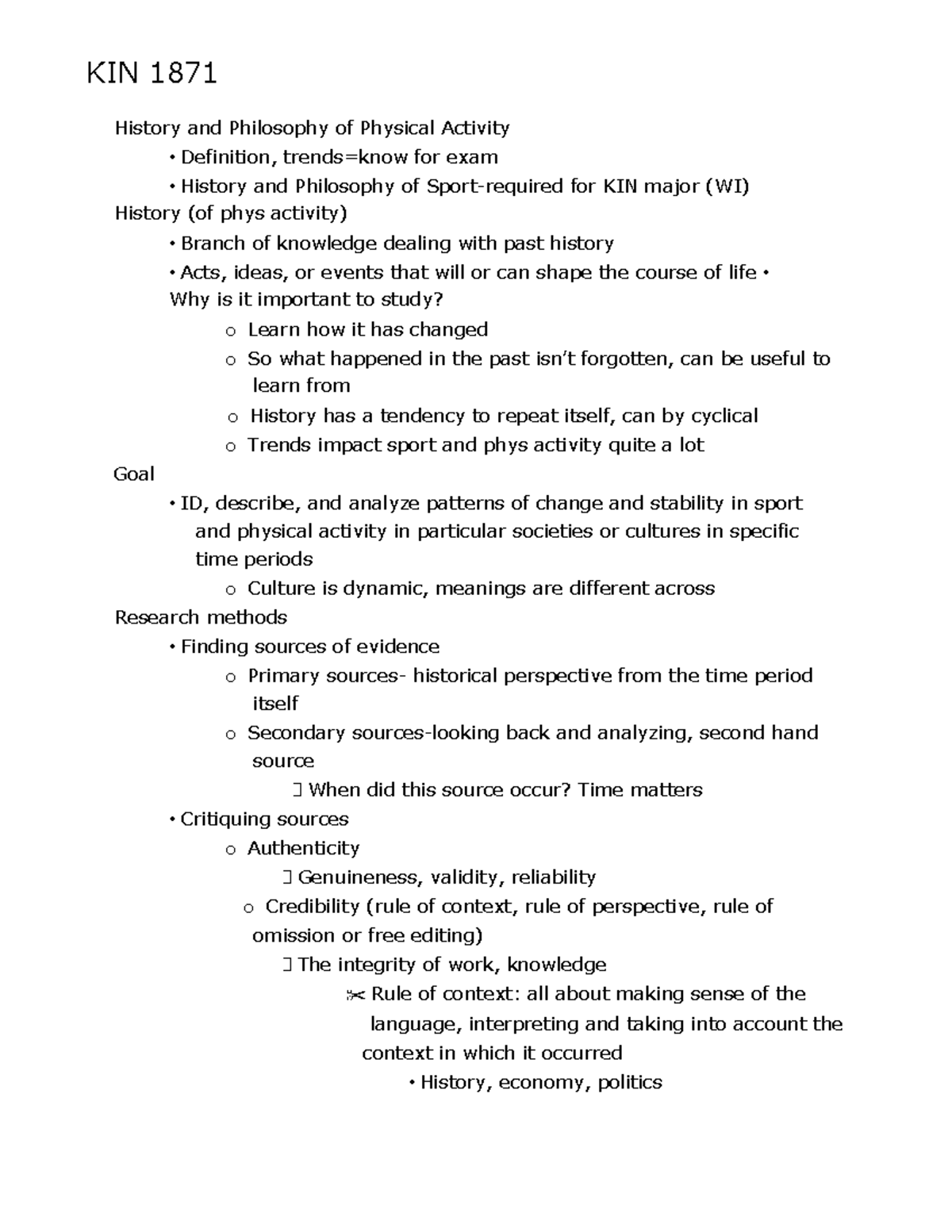 KIN 1871 Lecture Notes - KIN 1871 History and Philosophy of Physical ...