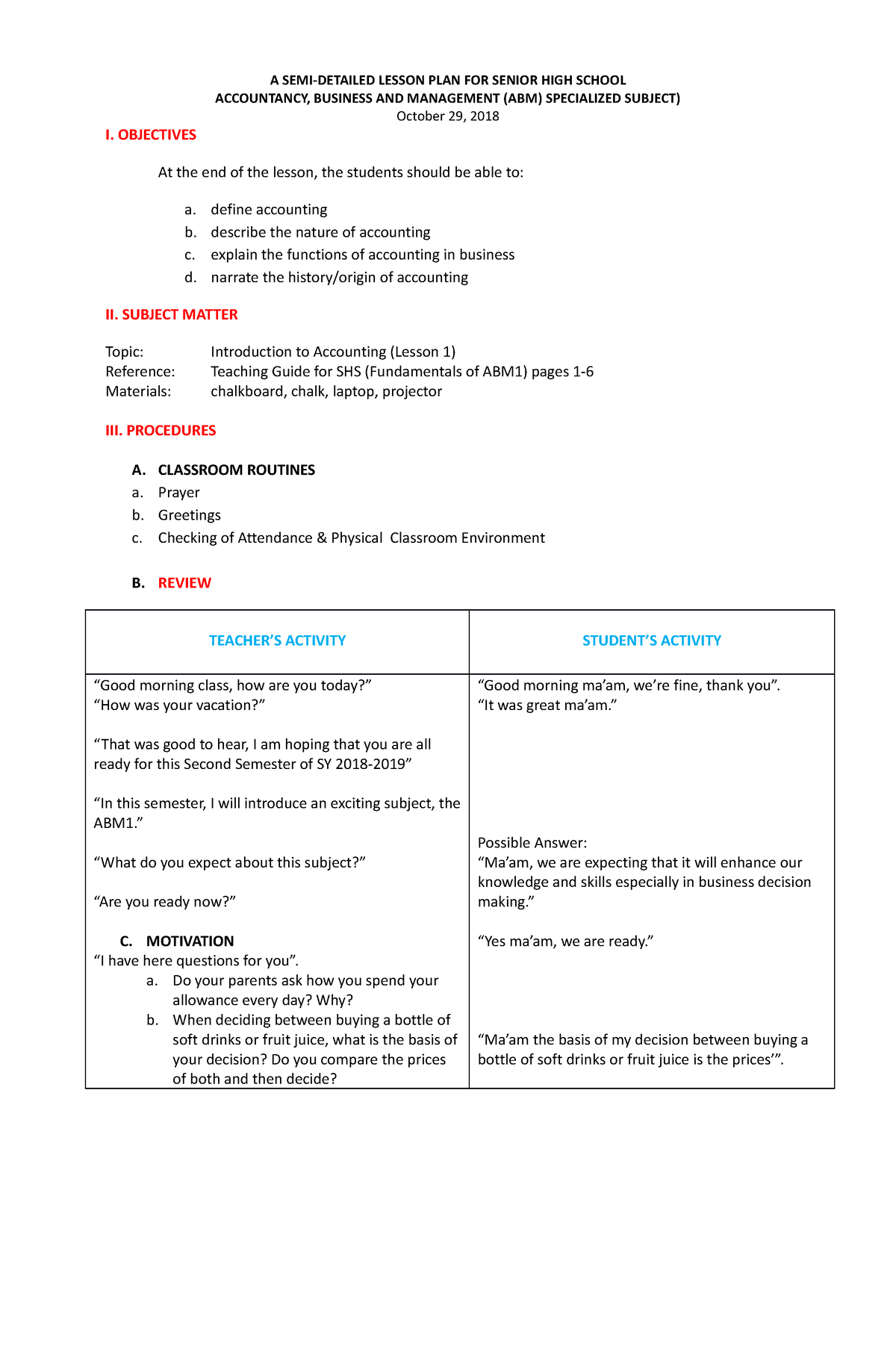 Lesson 1- Introduction to Accounting - A SEMI-DETAILED LESSON PLAN FOR ...