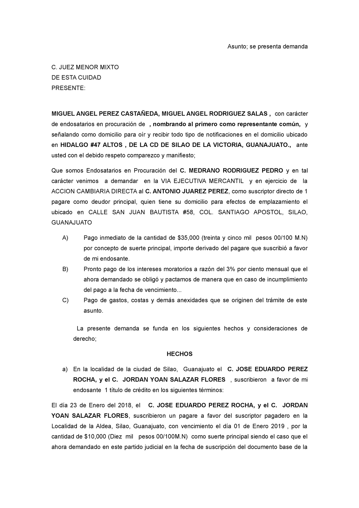 Demanda Mercantil procuracion - Asunto; se presenta demanda C. JUEZ ...