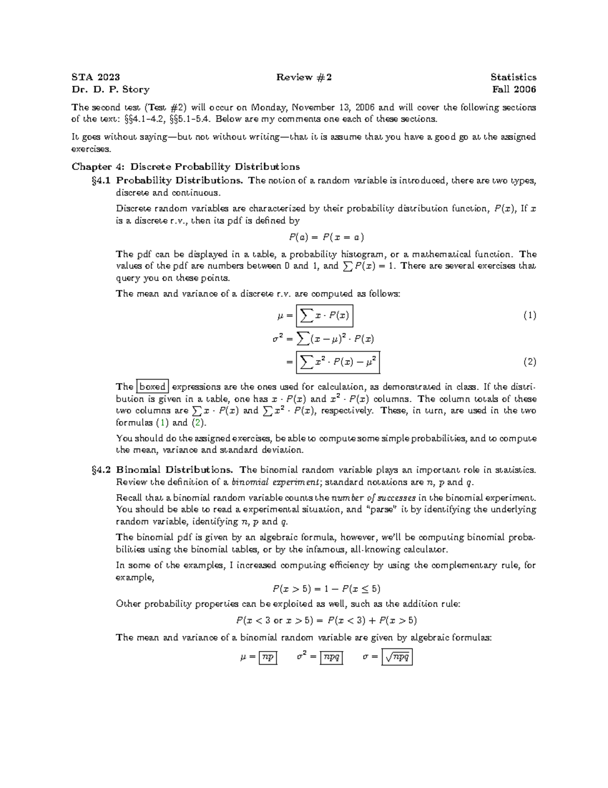 Review #2 - STA 2023 Review #2 Statistics Dr. D. P. Story Fall 2006 The ...