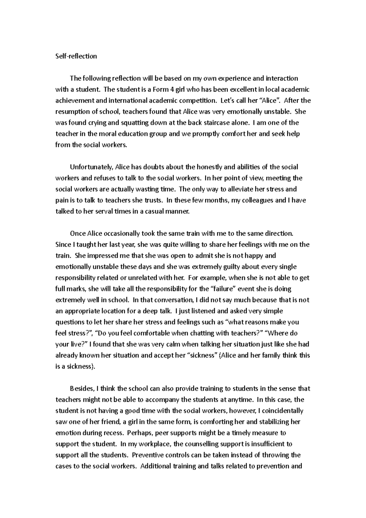 PGDE5313 Self-reflection - Self-reflection The following reflection ...
