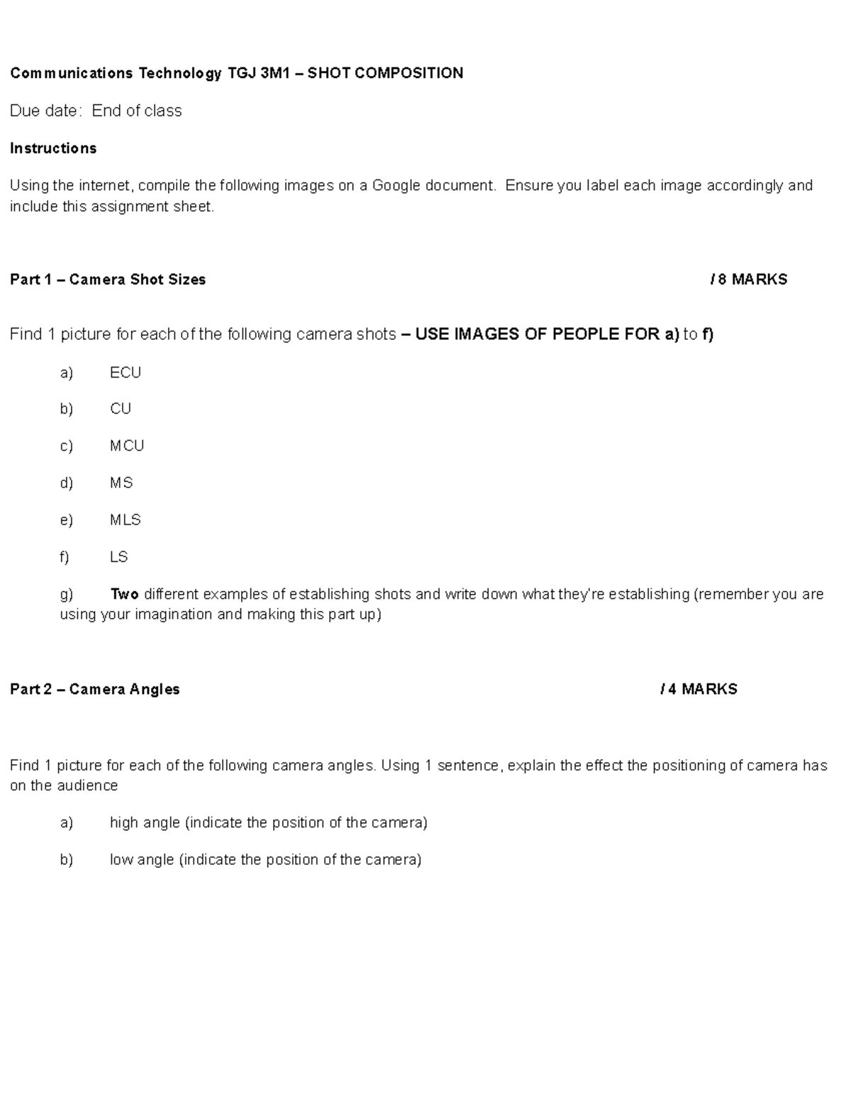 Video Production and shot composition Communications Technology TGJ