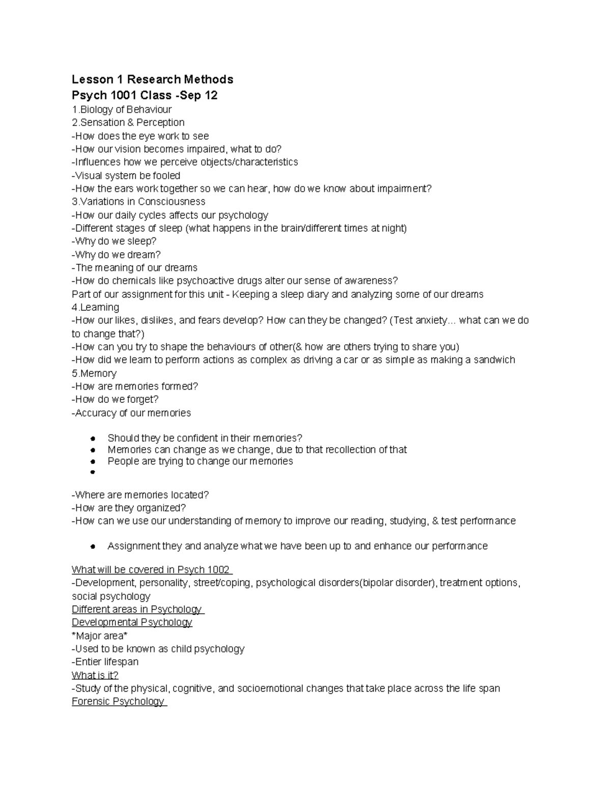 Psyc 1001 notes - Lesson 1 Research Methods Psych 1001 Class -Sep 12 1 ...