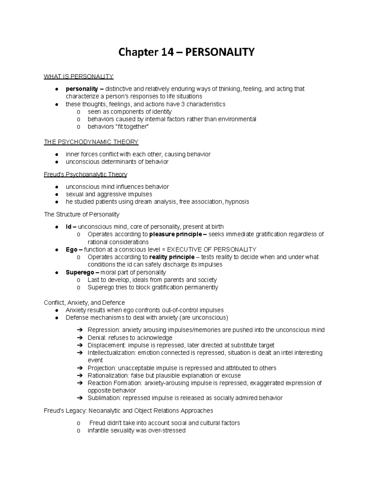 Psych Final Notes - Chapter 14 – PERSONALITY WHAT IS PERSONALITY ...