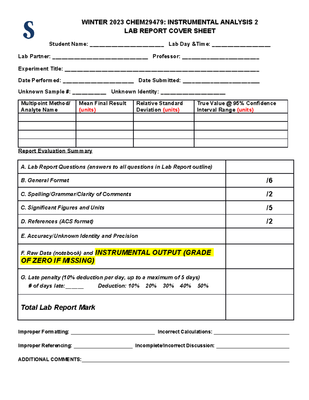W23 IA2 Lab Report Cover Sheet - WINTER 2023 CHEM29479: INSTRUMENTAL ...