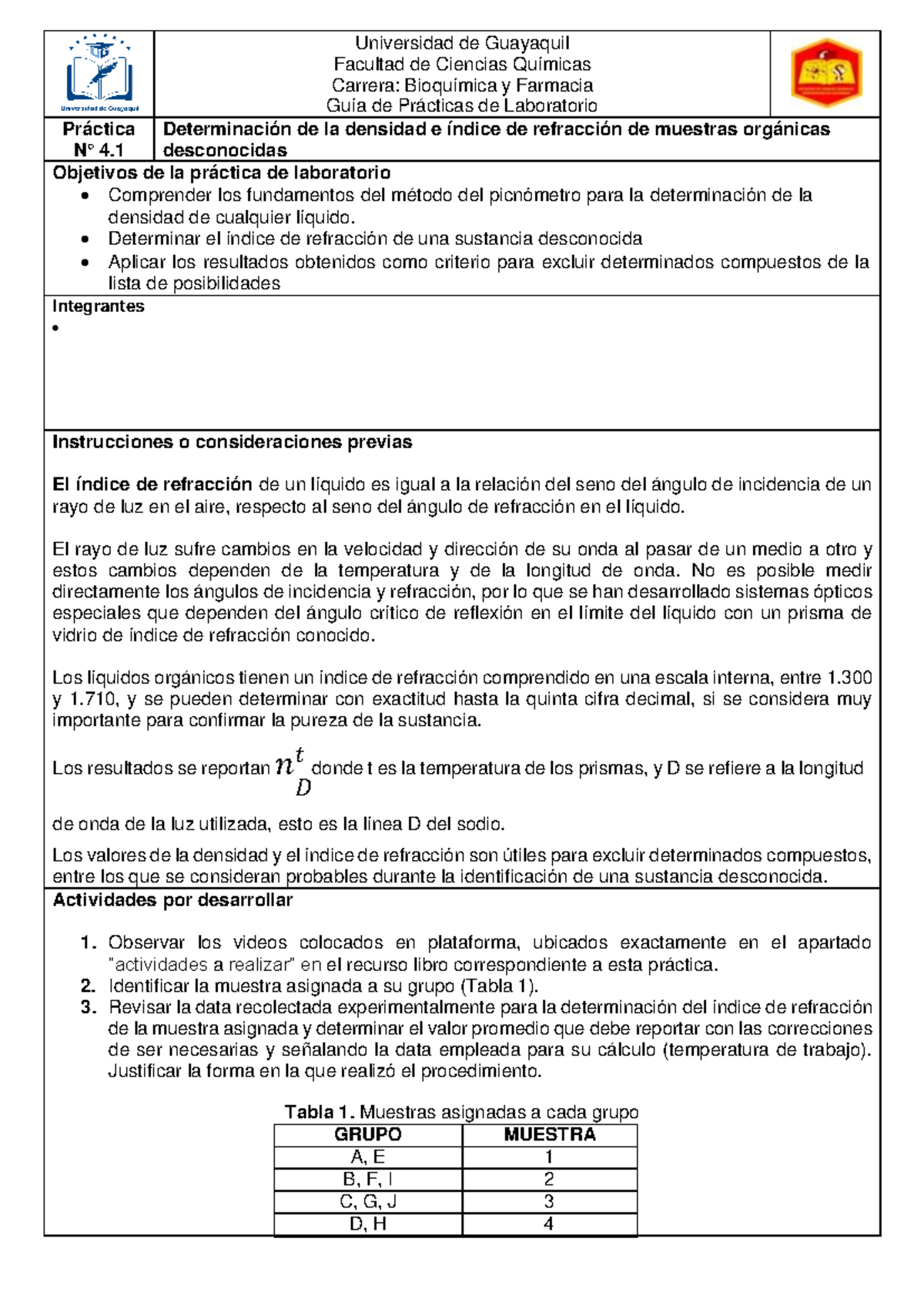 Informe N°4 Densidad E Índice De Refracción Universidad De Guayaquil