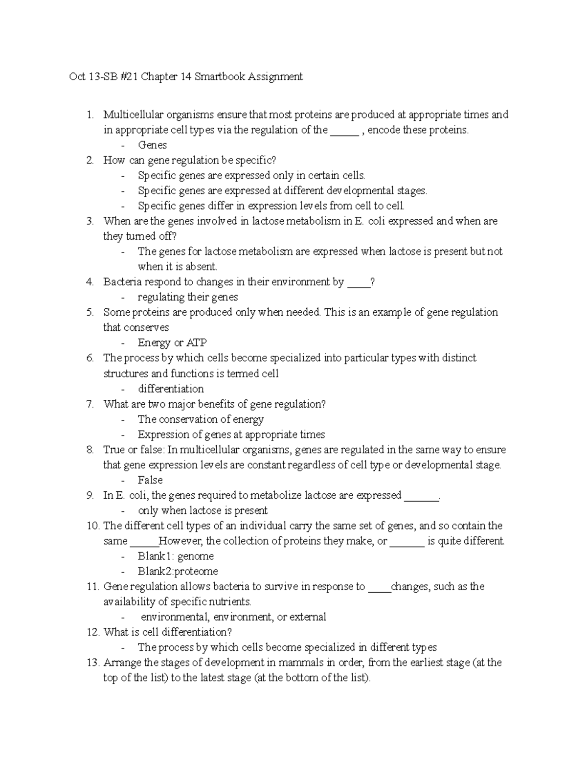 Bio11 smart work hw Oct 13SB 21 Chapter 14 Smartbook Assignment