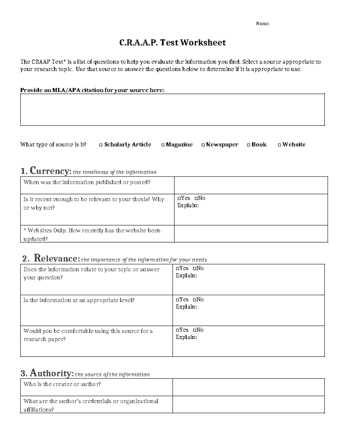 Craap test worksheet - homework - Name:_____________________________ C ...