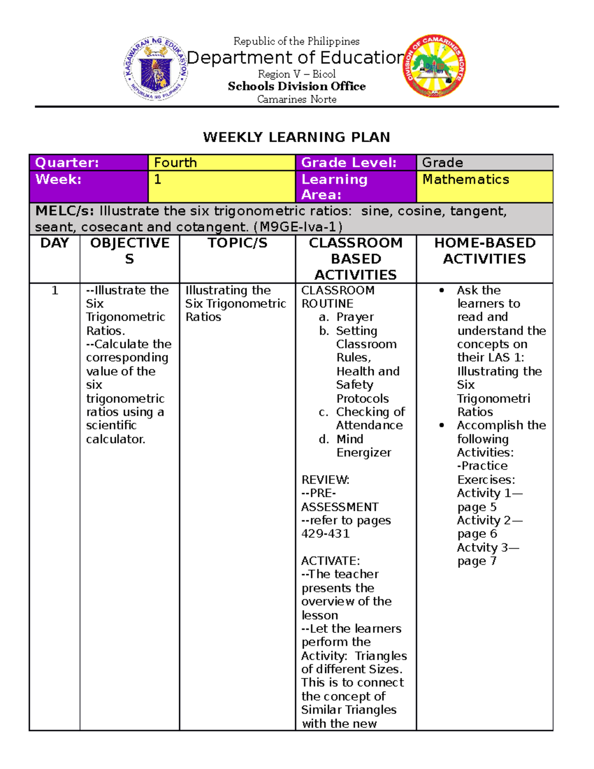 2022-Q4-MATH-9- Weekly Learning PLAN-week-1 - Republic of the ...