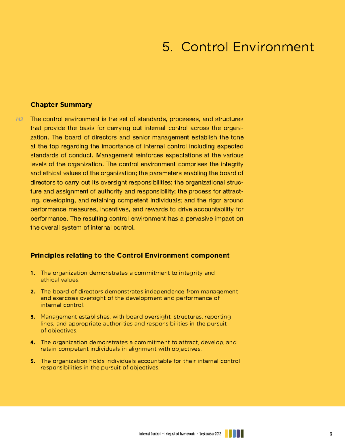 5 Principles of the Control Environment component of COSO Framework