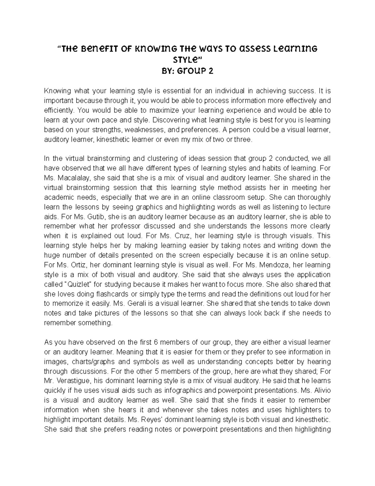 THE Benefits OF Knowing THE WAYS TO Assess Learning Style “ The