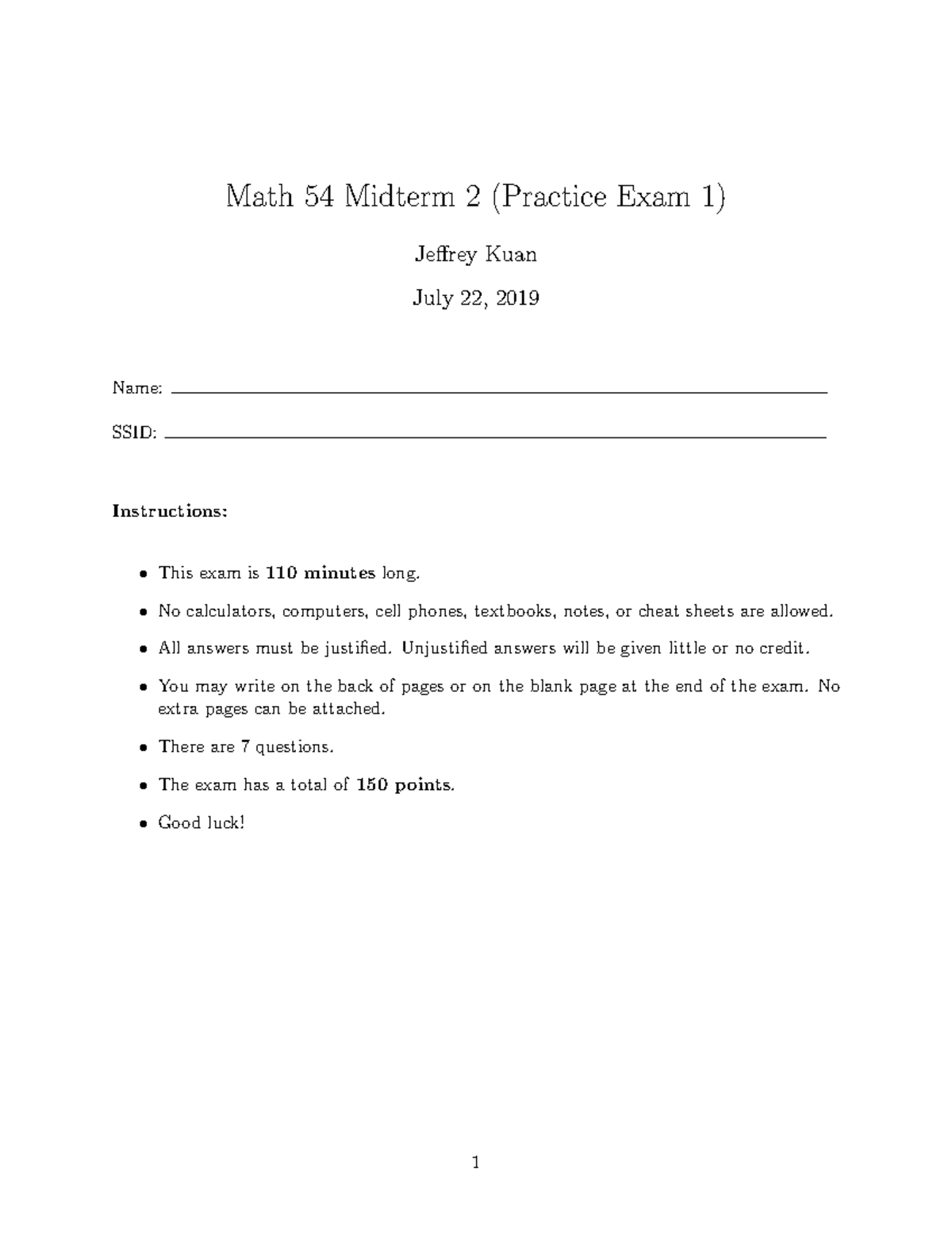 Math 54 Midterm 2 Practice 1 - Math 54 Midterm 2 (Practice Exam 1 ...