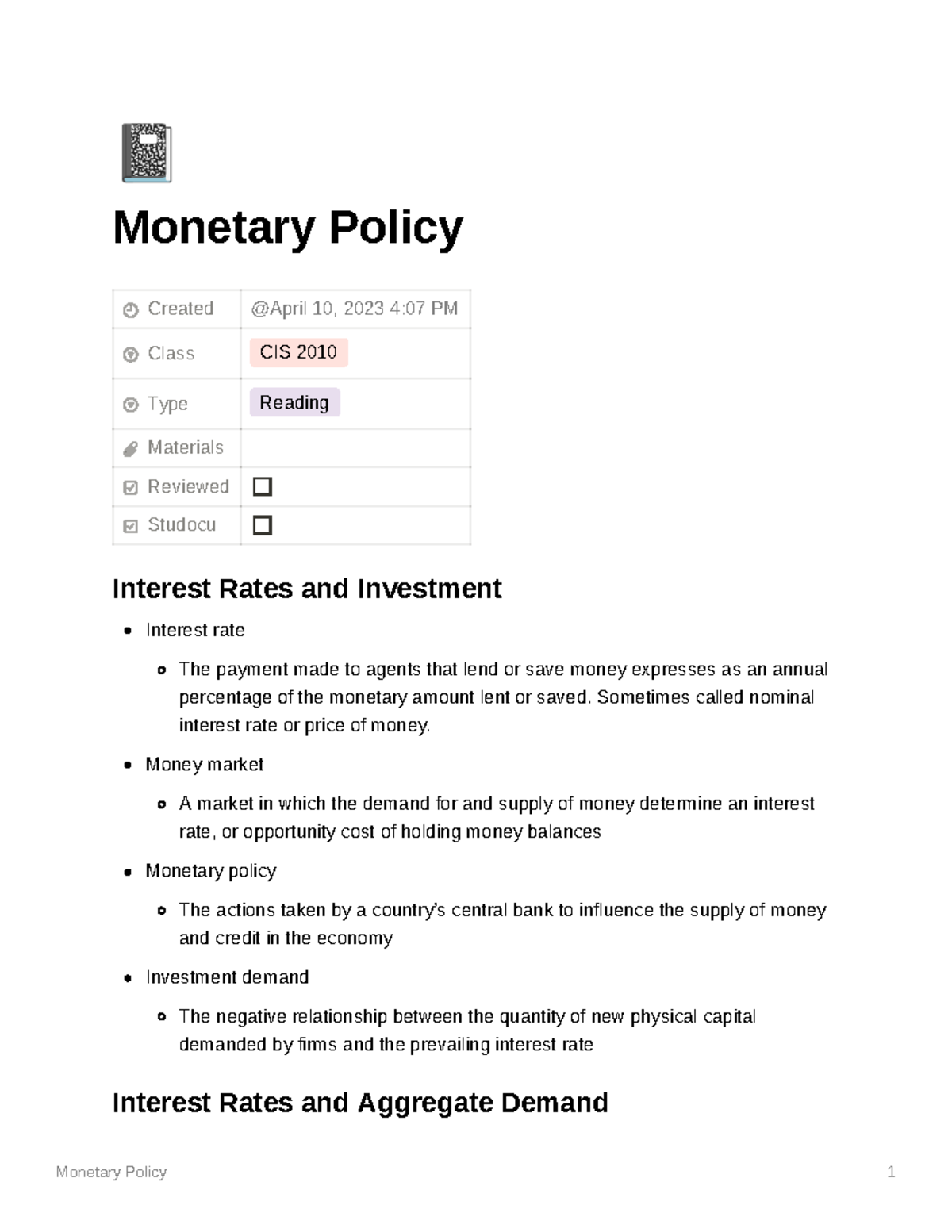 Monetary Policy - Á Monetary Policy Created Class CIS 2010 Type Reading ...