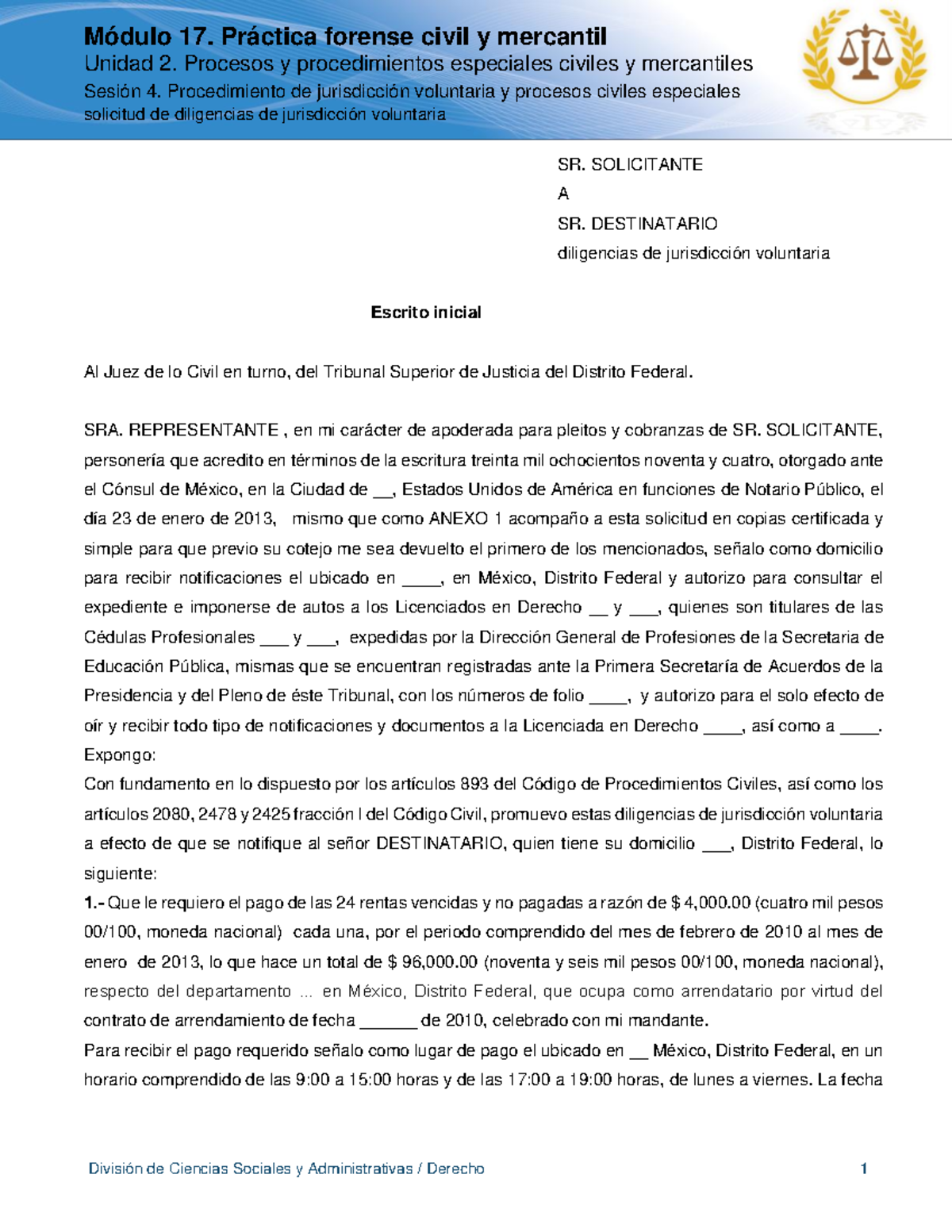 DE M17 U2 S4 Solicitud De Diligencia A1 - Módulo 17. Práctica Forense ...