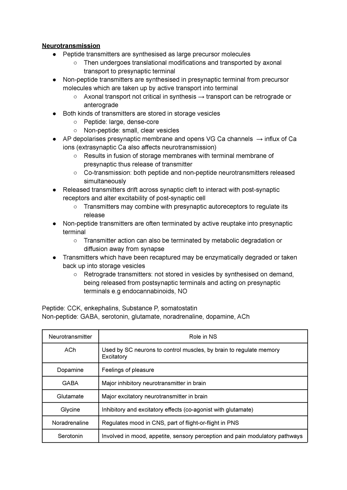 Y2 BB notes - Neurotransmission Peptide transmitters are synthesised as ...