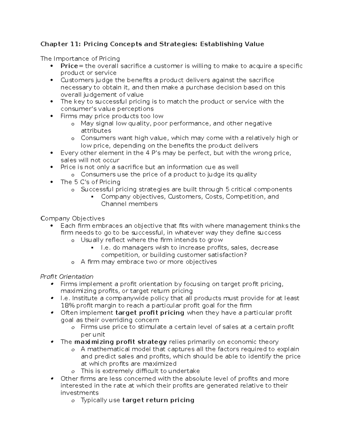 2320 chapter 11 - Lecture notes 11 - Chapter 11: Pricing Concepts and ...