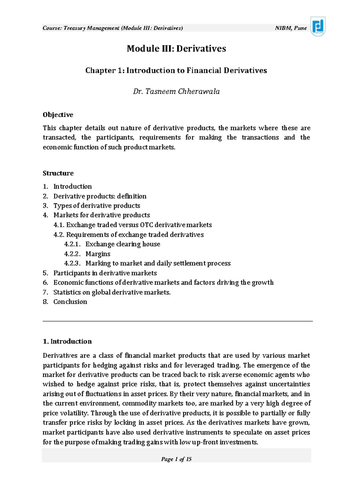 Trsmgt Module III Ch 1 Introduction to Derivatives - Module III ...