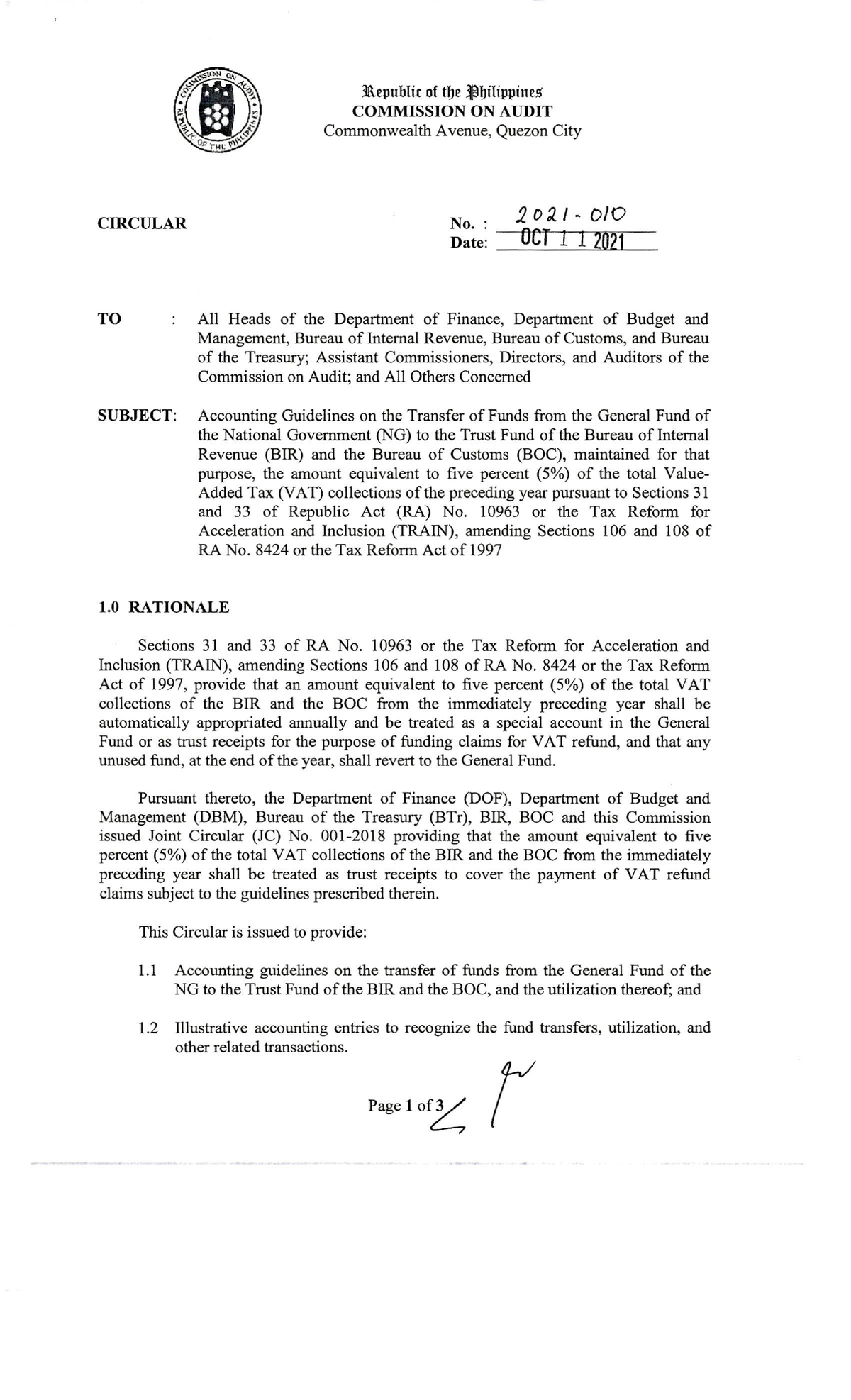 COA Circular No. 2021-010 0001 Acctg Guidelines Transfe OF Funds for ...