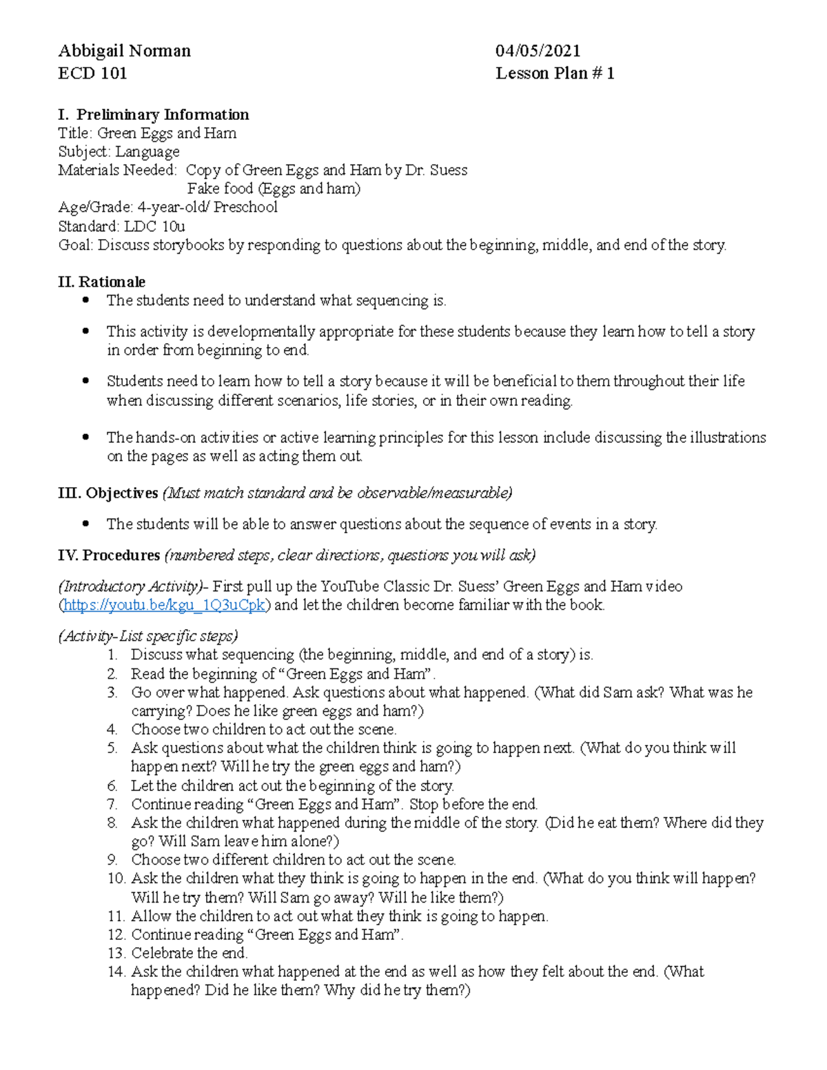 Lesson Plan 4 year old - N/A - Abbigail Norman 04/05/ ECD 101 Lesson ...