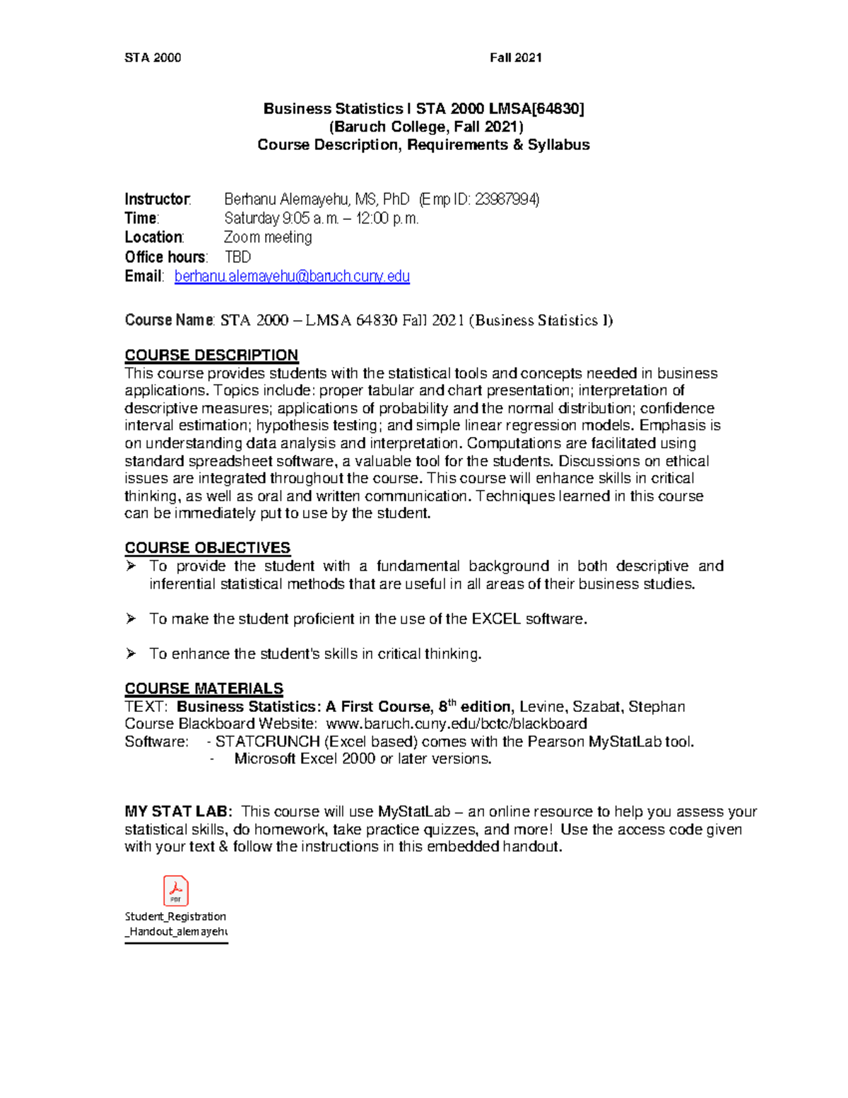 STAT2000 Syllabus and course description Fall 2021 (LMSA-64830 ...