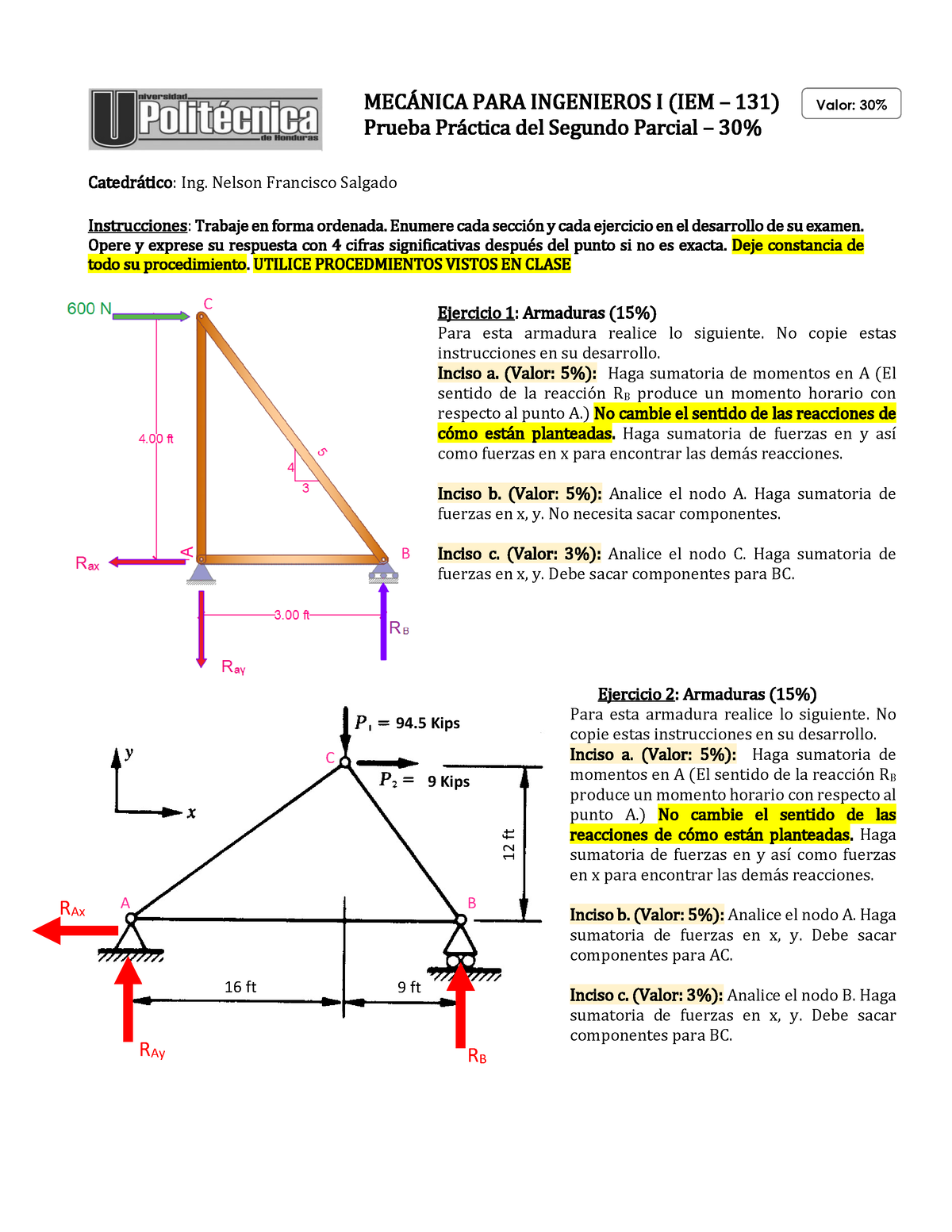 Prueba Práctica DE Mecanica PARA Ingenieros I II Parcial 2P23 TIPO B ...