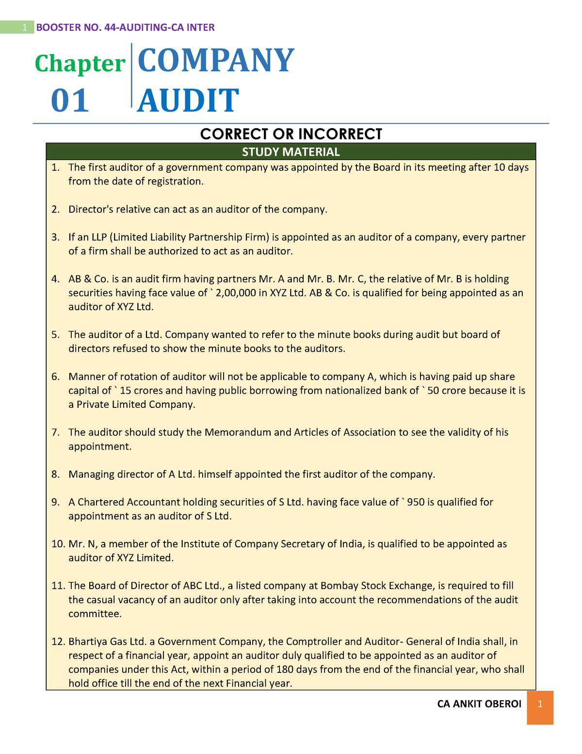 Correct incorrect - CA INTERMEDIATE COMPANY LAW - Chapter COMPANY 01 ...