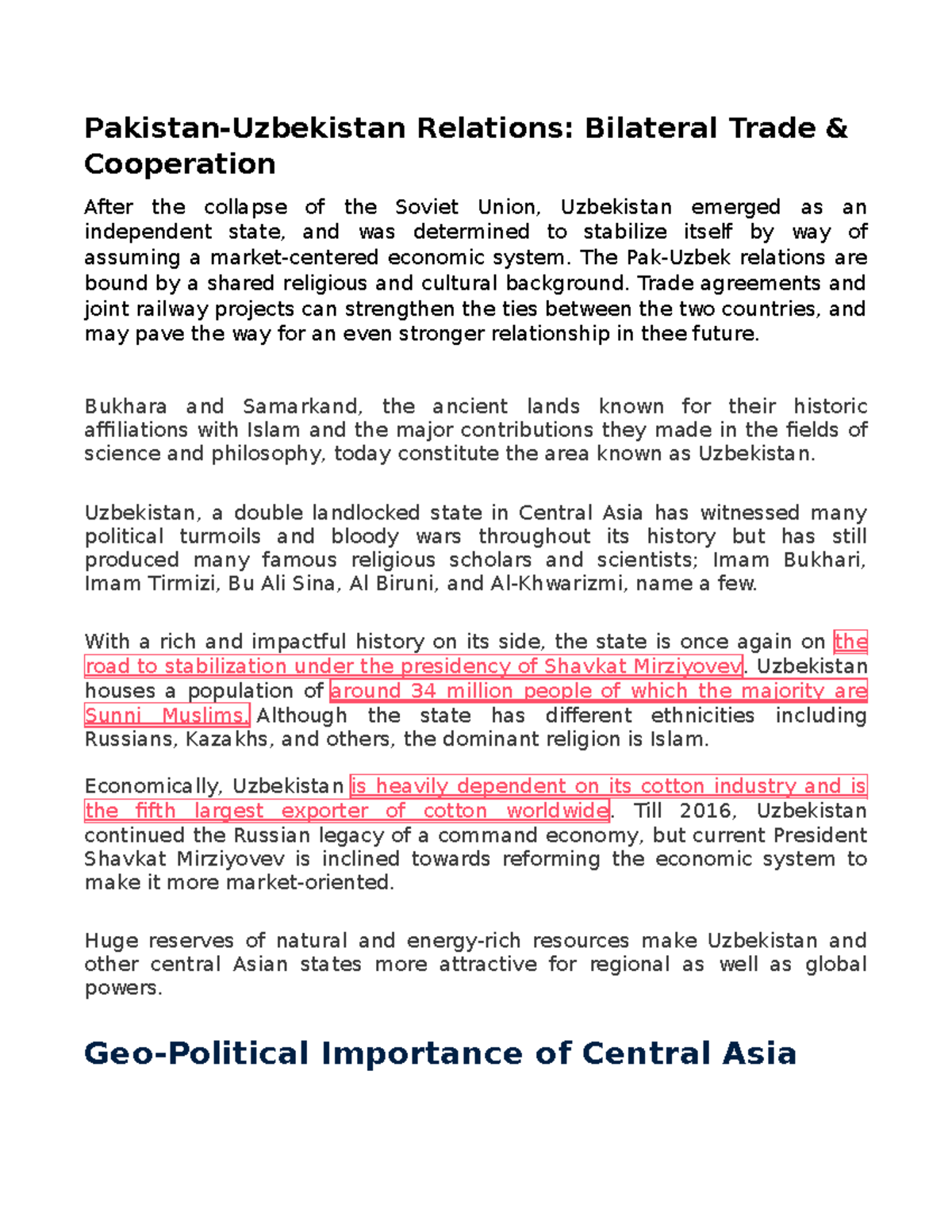 Pakistan-Uzbekistan Relations Bilateral Trade & Cooperation - Pakistan ...