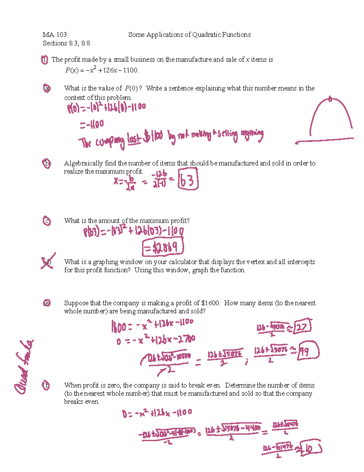 Quadratic application worksheet w answers - MA 103 Some Applications of ...